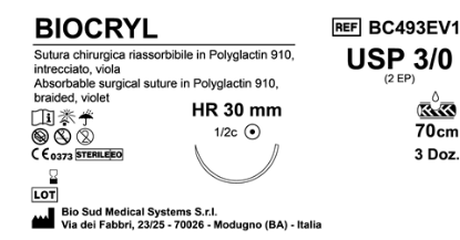 Sutura Biocryl HR30 USP 3-0 - EP 2 70 cm Violet Box 36 pcs