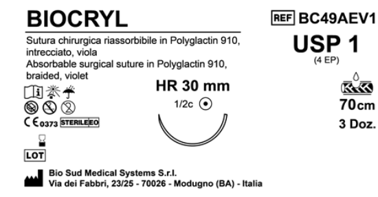 Sutura Biocryl HR30 USP 1 - EP 4 70 cm Violet Box 36 pcs