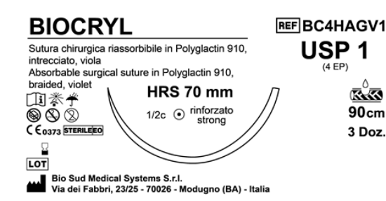 Sutura Biocryl HRS 70 USP 1 - EP 4 90 cm Violet Box 36 pcs