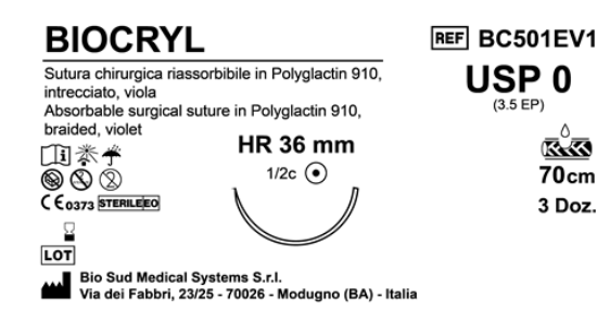 Sutura Biocryl HR36 USP 0 - EP 3.5 70 cm Violet Box 36 pcs
