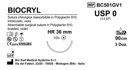 Sutura Biocryl HR36 USP 0 - EP 3.5 90 cm Violet Box 36 pcs