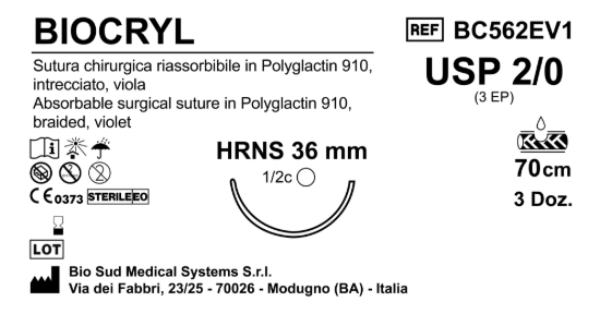 Sutura Biocryl HRNS36 USP 2-0 - EP 3 70 cm Violet Box 36 pcs