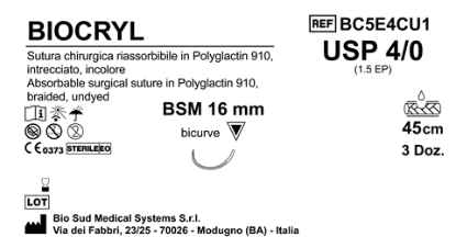 Sutura Biocryl BSM 16 USP 4-0  - EP 1.5 45 cm Undyed Box 36 pcs