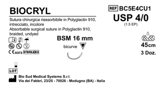 Sutura Biocryl BSM 16 USP 4-0  - EP 1.5 45 cm Undyed Box 36 pcs