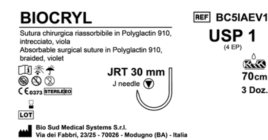 Sutura Biocryl JRT 30 USP 1 - EP 4 70 cm Violet Box 36 pcs