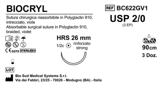 Sutura Biocryl HRS26 USP 2-0 - EP 3 90 cm Violet Box 36 pcs
