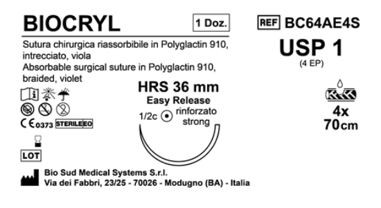 Sutura Biocryl HRS 36 USP 1 - EP 4 70 cm 4 Threads Violet Easy Release Box 12pcs