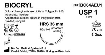 Sutura Biocryl HRS36 USP 1 - EP 4 70 cm Undyed Box 36 pcs