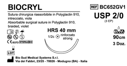 Sutura Biocryl HRS40 USP 2-0 - EP 3 90 cm Violet Box 36 pcs