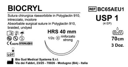 Sutura Biocryl HRS40 USP 1 - EP 4 70 cm Undyed Box 36 pcs