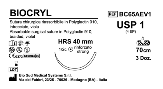 Sutura Biocryl HRS40 USP 1 - EP 4 70 cm Violet Box 36 pcs