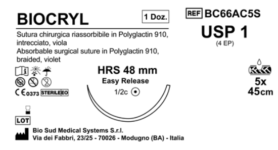 Sutura Biocryl HRS 48 USP 1 - EP 4 45 cm 5 Threads Violet Easy Release Box 12pcs