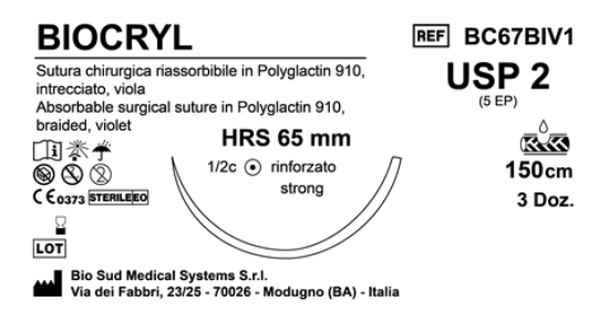 Sutura Biocryl HRS65 USP 2 - EP 5 150 cm Violet Box 36 pcs