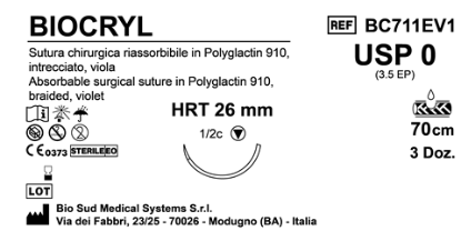 Sutura Biocryl HRT26 USP 0 - EP 3.5 70 cm Violet Box 36 pcs