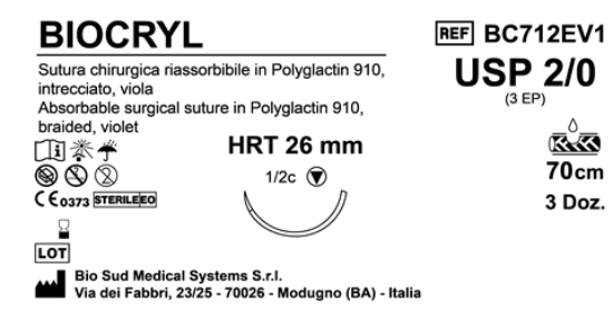 Sutura Biocryl HRT26 USP 2-0 - EP 3 70 cm Violet Box 36 pcs