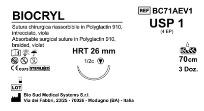 Sutura Biocryl HRT26 USP 1 - EP 4 70 cm Violet Box 36 pcs