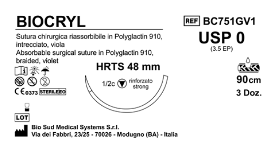 Sutura Biocryl HRTS48 USP 0 - EP 3.5 90 cm Violet Box 36 pcs