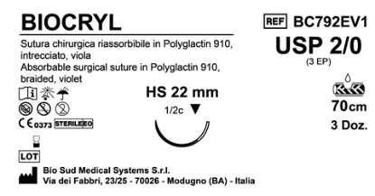 Sutura Biocryl HS22 USP 2-0 - EP 3 70 cm Violet Box 36 pcs