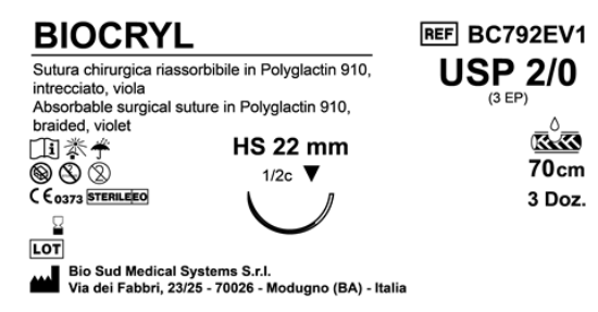 Sutura Biocryl HS22 USP 2-0 - EP 3 70 cm Violet Box 36 pcs