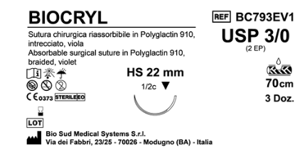 Sutura Biocryl HS22 USP 3-0 - EP 2 70 cm Violet Box 36 pcs