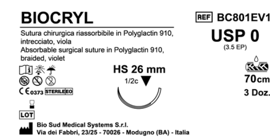 Sutura Biocryl HS26 USP 0 - EP 3.5 70 cm Violet Box 36 pcs
