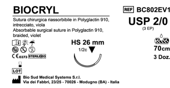 Sutura Biocryl HS26 USP 2-0 - EP 3 70 cm Violet Box 36 pcs