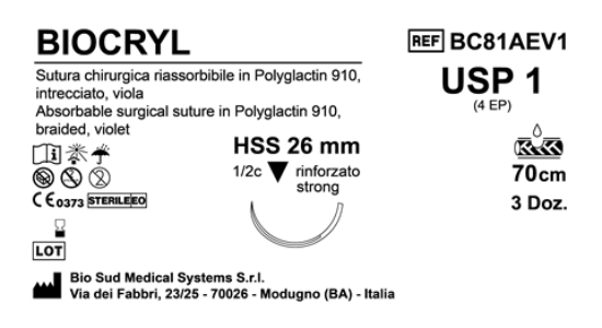 Sutura Biocryl HSS 26 USP 1 - EP 4 70 cm Violet Box 36 pcs