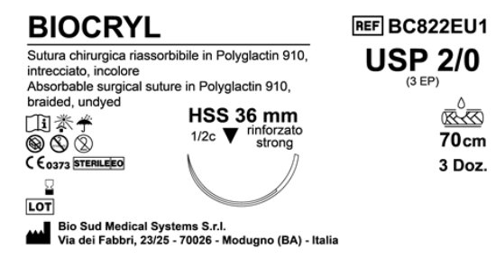 Sutura Biocryl HSS36 USP 2-0 - EP 3 70 cm Undyed Box 36 pcs