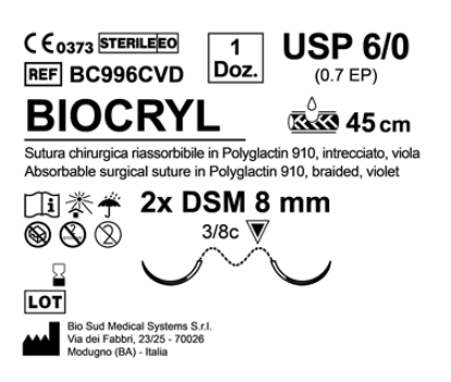 Sutura Biocryl DSM 8 USP 6-0 - EP 0.7 45 cm Violet Double Armed  N.12 Bs. per Box