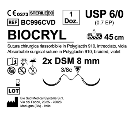 Sutura Biocryl DSM 8 USP 6-0 - EP 0.7 45 cm Violet Double Armed  N.12 Bs. per Box