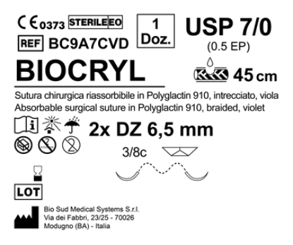 Sutura Biocryl DZ 6.5 USP 7-0 - EP 0.5 45 cm Violet Double Armed  N.12 Bs. per Box