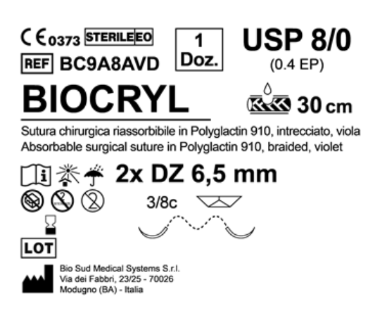 Sutura Biocryl DZ 6.5 USP 8-0 - EP 0.4 30 cm Violet Double Armed  N.12 Bs. per Box