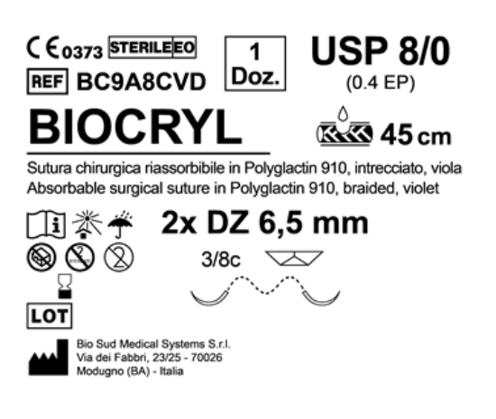 Sutura Biocryl DZ 6.5 USP 8-0 - EP 0.4 45 cm Violet Double Armed  N.12 Bs. per Box