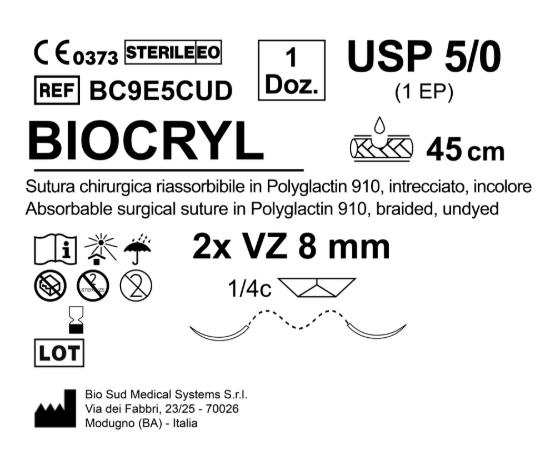 Sutura Biocryl VZ 8 USP 5-0 - EP 1 45 cm Undyed Double Armed  N.12 Bs. per Box