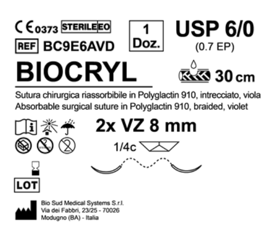 Sutura Biocryl VZ 8 USP 6-0 - EP 0.7 30 cm Violet Double Armed  N.12 Bs. per Box