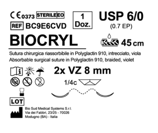 Sutura Biocryl VZ 8 USP 6-0 - EP 0.7 45 cm Violet Double Armed  N.12 Bs. per Box