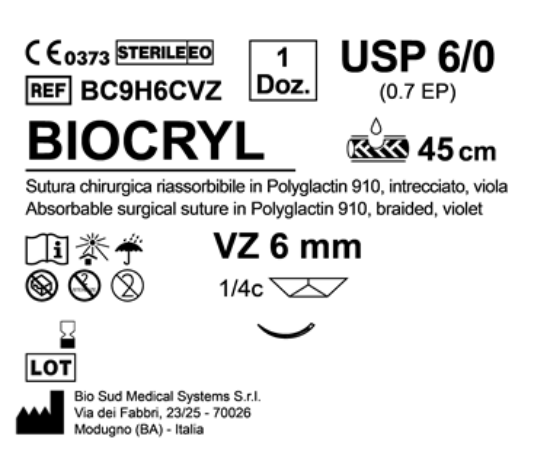 Sutura Biocryl VZ 6 USP 6-0 - EP 0.7 45 cm Violet Box 12 pcs