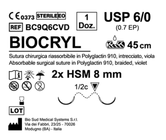 Sutura Biocryl HSM 8 USP 6-0 - EP 0.7 45 cm Violet Double Armed  N.12 Bs. per Box