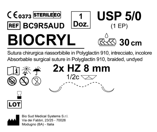 Sutura Biocryl HZ 8 USP 5-0 - EP 1 30 cm Undyed Double Armed; N.12 Bs. per Box