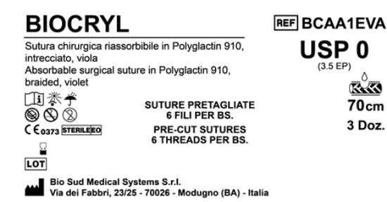 Sutura Biocryl Precutted USP 0 - EP 3.5 70 cm Violet Bs. 36 x 6 Threads