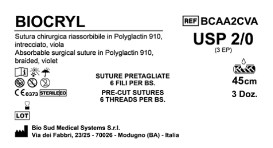 Sutura Biocryl Precutted USP 2-0 - EP 3 45 cm Violet Bs. 36 x 6 Threads