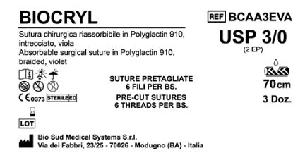Sutura Biocryl Precutted USP 3-0 - EP 2 70 cm Violet Bs. 36 x 6 Threads