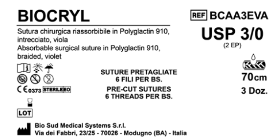 Sutura Biocryl Precutted USP 3-0 - EP 2 70 cm Violet Bs. 36 x 6 Threads