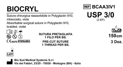 Sutura Biocryl Precutted USP 3-0 - EP 2 150 cm Violet Box 36 pcs