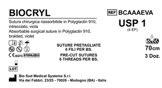 Sutura Biocryl Precutted USP 1 - EP 4 70 cm Violet Bs. 36 x 6 Threads