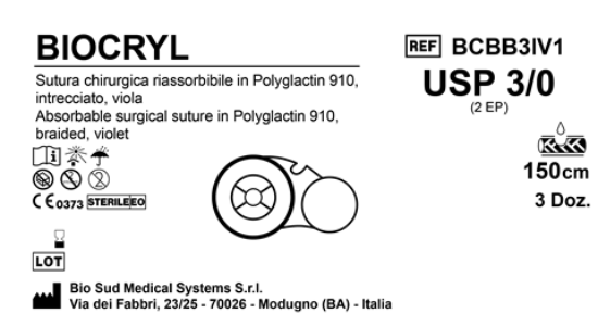 Sutura Biocryl on Reel USP 3-0 - EP 2 150 cm Violet Box 36 pcs