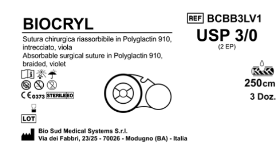 Sutura Biocryl on Reel USP 3-0 - EP 2 250 cm Violet Box 36 pcs