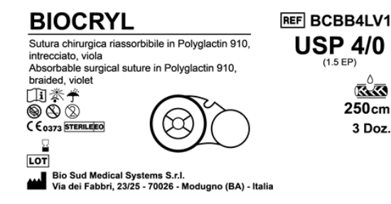 Sutura Biocryl on Reel USP 4-0  - EP 1.5 250 cm Violet Box 36 pcs