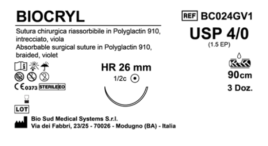 Sutura Biocryl HR26 USP 4-0  - EP 1.5 90 cm Violet Box 36 pcs