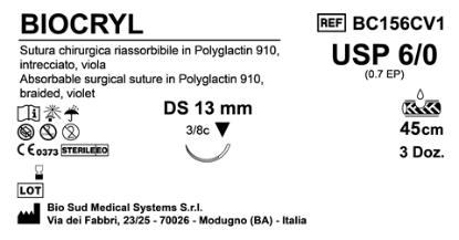 Sutura Biocryl DS13 USP 6-0 - EP 0.7 45 cm Violet Box 36 pcs